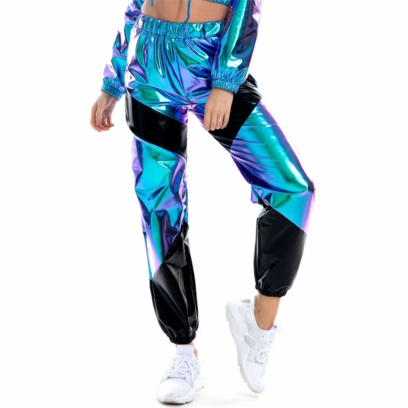 Kvinnor reflekterande långa byxor med fickor hög midja lösa holografiska patchwork byxor klubb dans jogger clubwear 210915