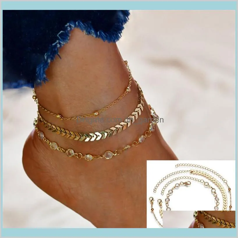 3pcs/set personality bohemian ankle bracelet acrylic bracelet multi-layer aircraft bead chain anklet bracelets simple crystal gold beach