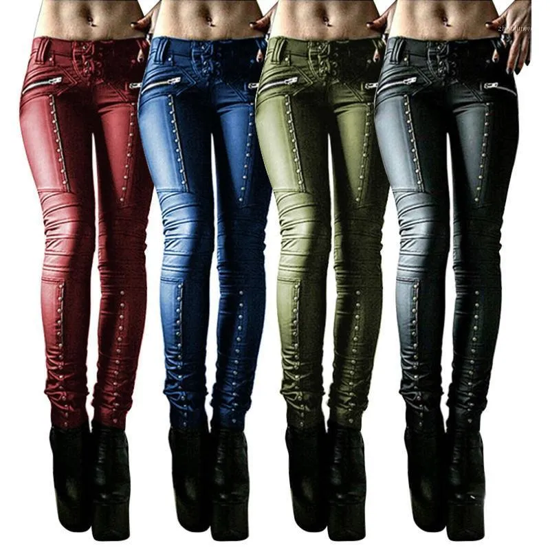 Femmes rétro simili cuir pantalon Rivet à lacets Long pantalon maigre Streetwear taille basse mince Punk Cool pantalon femme mode femmes Capris