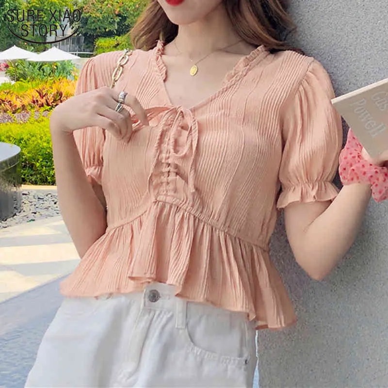 Summer Short Sleeve Woman's Blouses V Neck Puff Korean Drawstring Chiffon Blouse Solid Super Slim Shirts 10029 210508