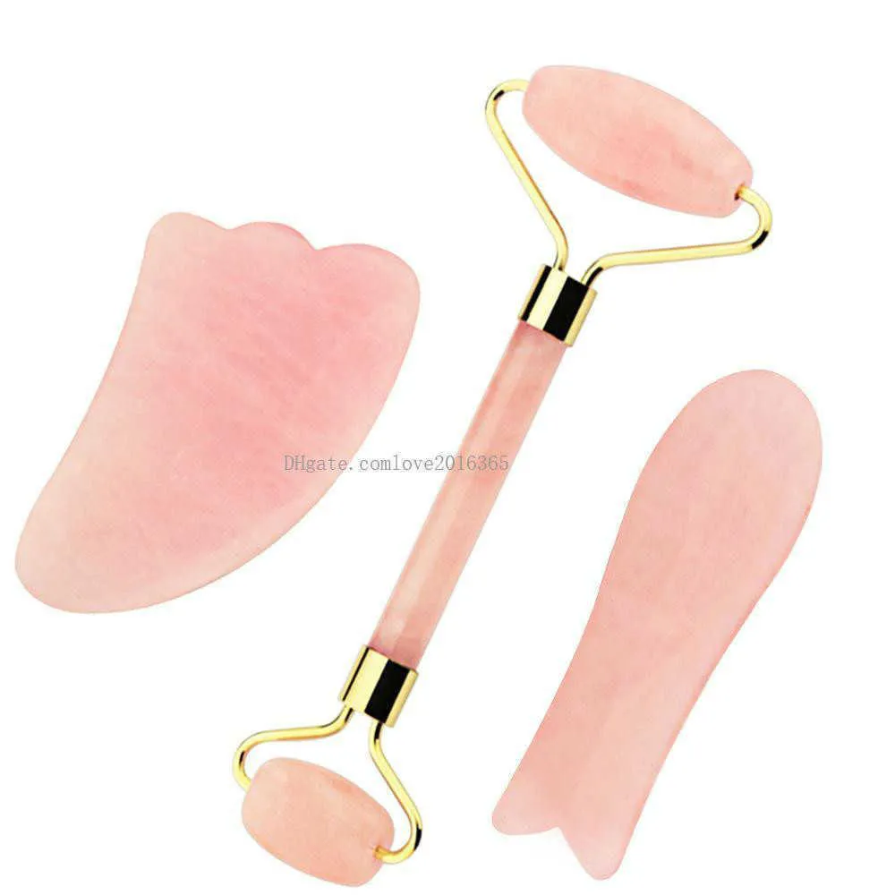 3 pièces/ensemble Quartz Rose naturel Gua Sha Jade rouleau de Massage du visage Jade naturel Guasha conseil outil de grattage Massage du corps Relaxation