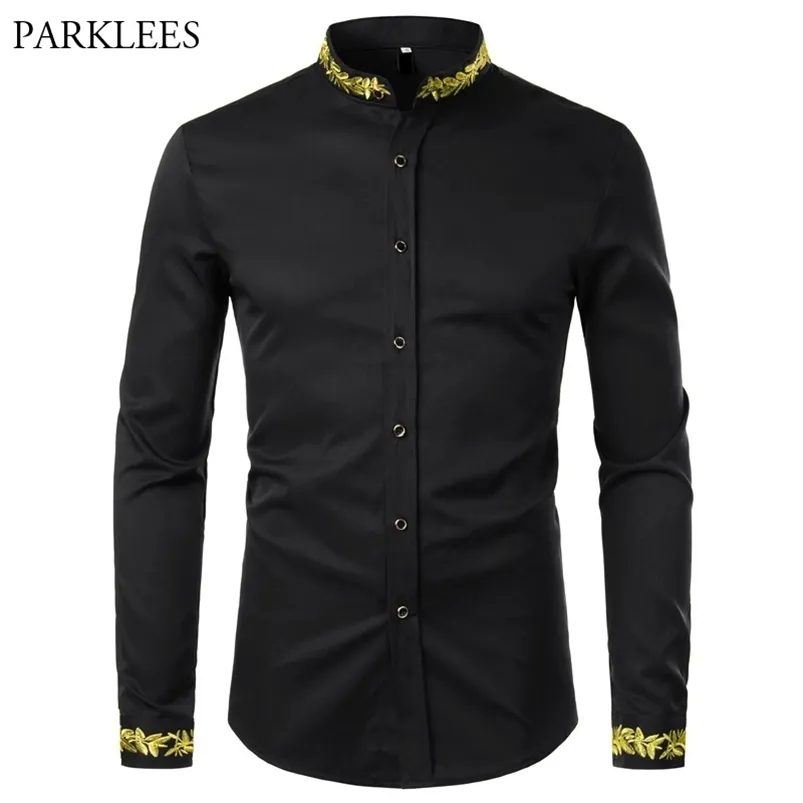 Zwart Goud Borduurwerk Overhemd Mannen Spring Mens Jurk Shirts Stand Kraag Button Up Chemise Homme Camisa Masculina 210721