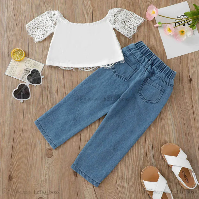 Kids Clothing Sets Girls Outfits Baby Clothes Children Suits Summer Children`s Wear Lace Tops Hole Denim Trousers B7597
