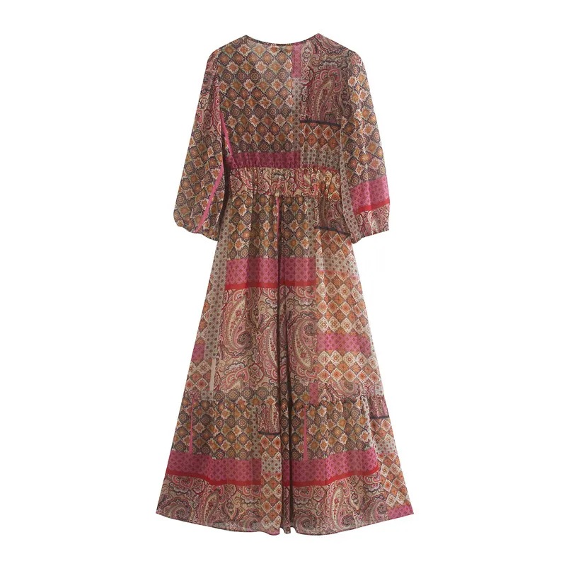 Boho V-Neck RAL Lantern Sleeve Pleated Chiffon Maxi Dress B3