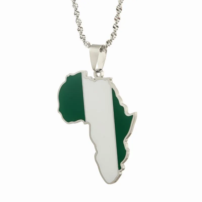 Kedjor rostfritt stål emalj unisex silver färg afrika karta nigeria flagga hängen halsband för kvinnor män afrikanska smycken gåvor
