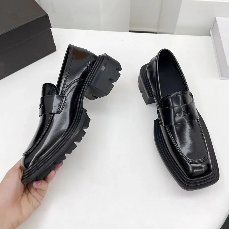 Platform Loafers Women Black Leather Flat Shoe Thick Sole Mules Square Toe Flats Formal Dress Shoes For Woman