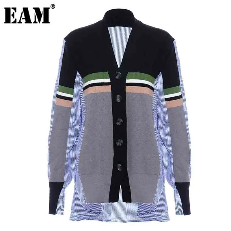 [EAM] Maglione cardigan lavorato a maglia a righe di grandi dimensioni Vestibilità ampia con scollo a V Manica lunga Moda donna Autunno Inverno 1DD2344 210812