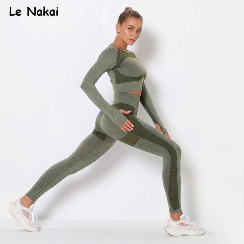 Long sleeve seamlyoga set for women workout seamlleggings open back yoga top fitngym clothing gym suits X0629