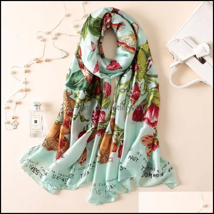 Soft 100% Natural Silk Scarf Women Print Butterfly on Floral Shawl Femme Long Bandana Bufanda Foulard New1