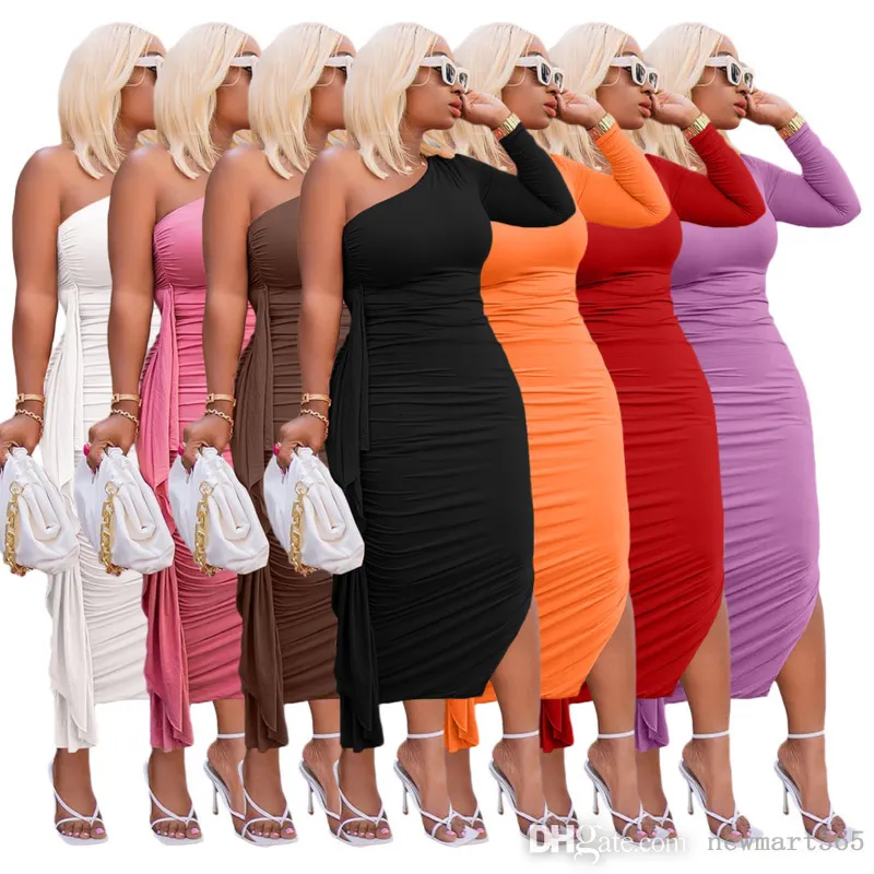 セクシーな女性デザイナー服Midi Dressesシングルショルダーロータスリーフエッジスリットドレスソリッドカラーワンピーススカート