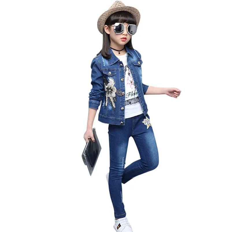 Abbigliamento per ragazze Abbigliamento con paillettes Giacca di jeans + Jeans Set Primavera Autunno Tute Bambini 210527