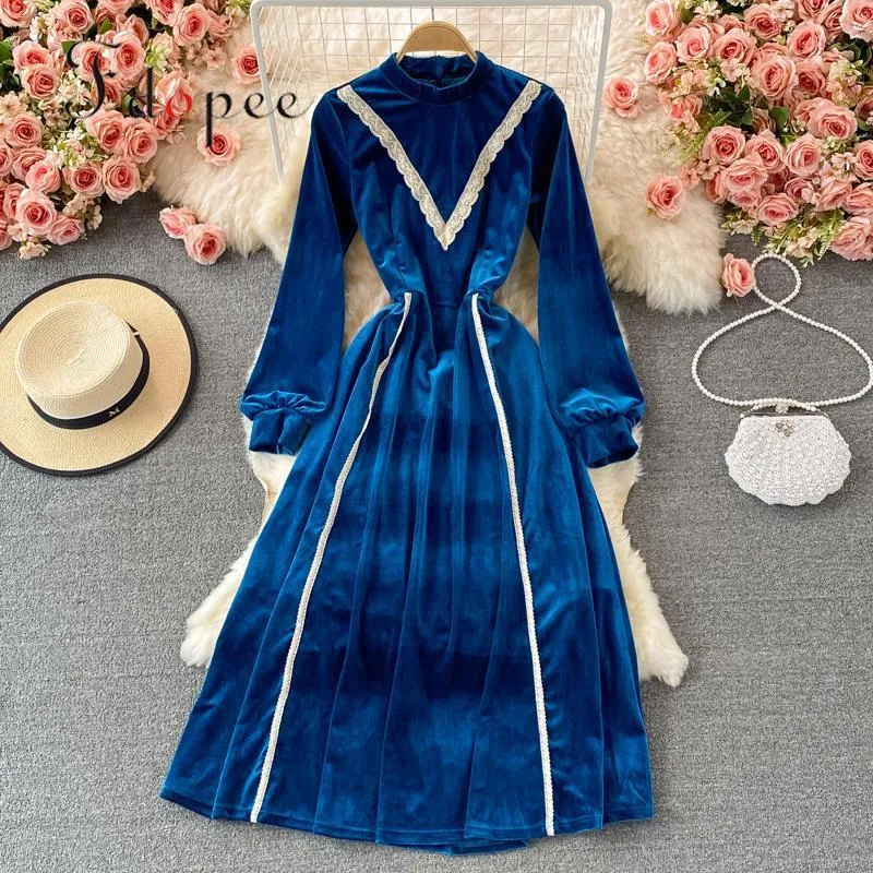 Casual Dresses Dress Women Temperament Stand Krage Velvet Vintage Vår / Höst Elegant Färg Matchande Comfort Vestidos
