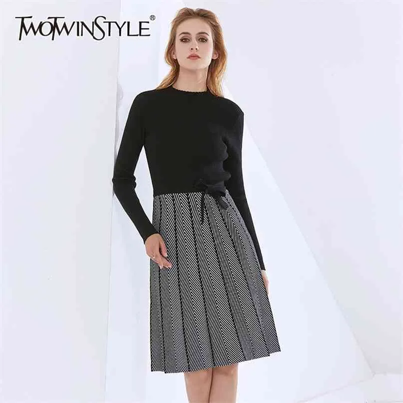 Patchwork Striped Knitting Dress For Women Stand Collar Long Sleeve Lace Up Bowknot Elegant Dresses Female 210520