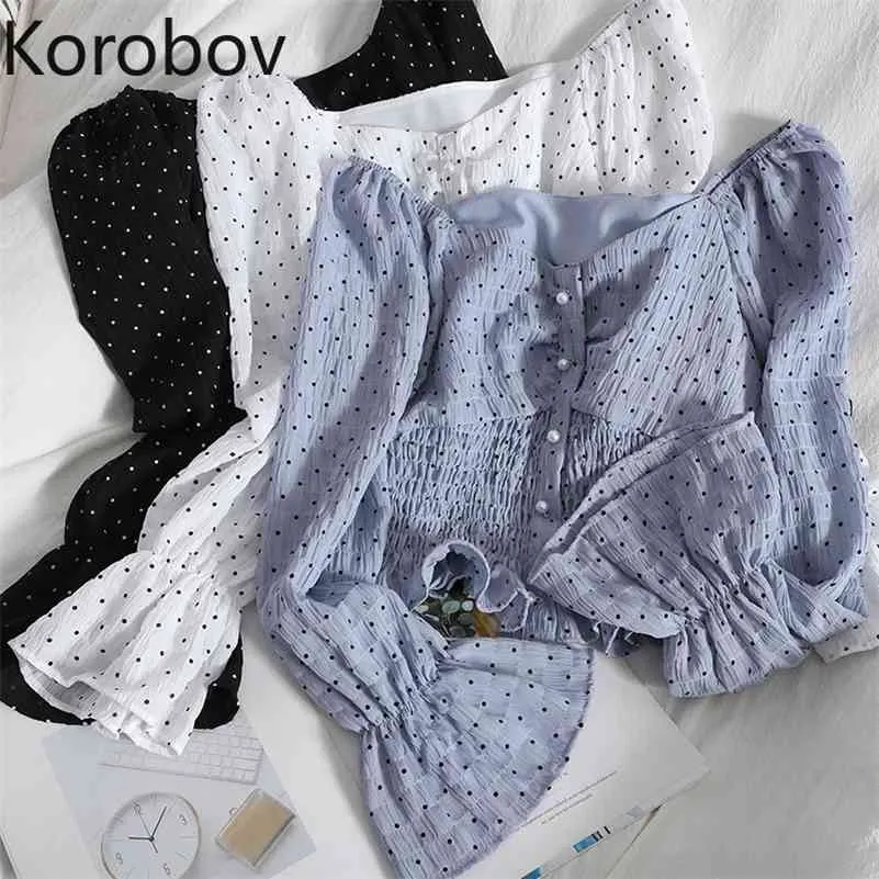 Korobov Femmes Slash Cou Polka Dot Blouses Nouvelle Arrivée Femme Chemises Coréen Doux Chic À Manches Longues Crop Blusas Mujer 210430