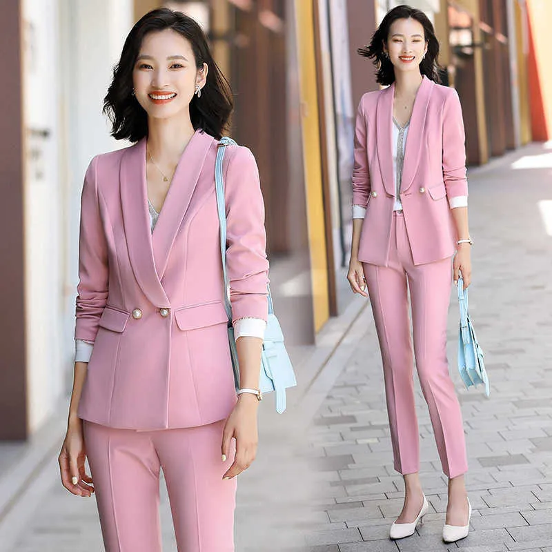 High-quality Plus Size Women's Suit Pants 2-piece Set Autumn Temperament Double-breasted Pink Jacket Slim Trousers 210527