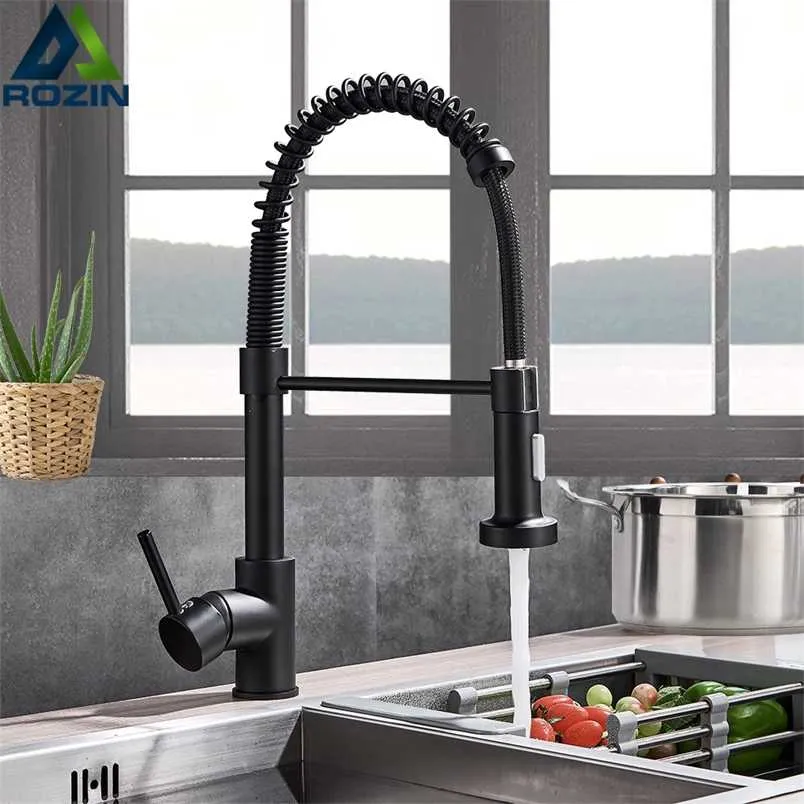 Rozin Matte Black Kitchen Faucet Deck Mounted Mixer Tap 360 Degree Rotation Stream Sprayer Nozzle Kökshandtag Kallkapslar 211108