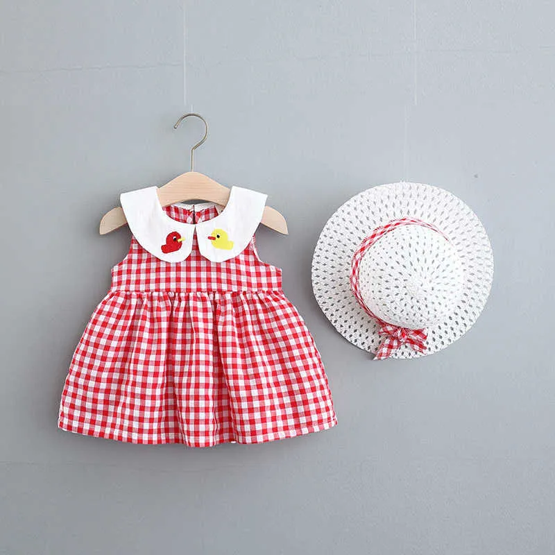 Lato Noworodka Dziewczynka Sukienka Dla Toddler Plaid Princess 1 rok Urodziny Dress Z Kapeluszem 0-2y Vestidos Niemowlę Dziewczynka Odzież Q0716