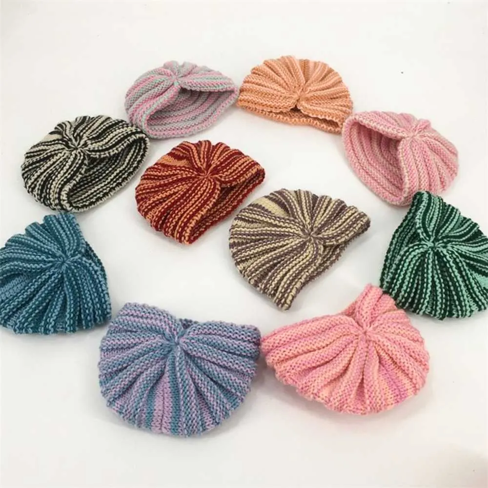 Baby vinter varm stickad hatt barn randig tryckta turban hattar mode nyfödd söt regnbåge beanie skalle cap casual crochet cap g118aiul