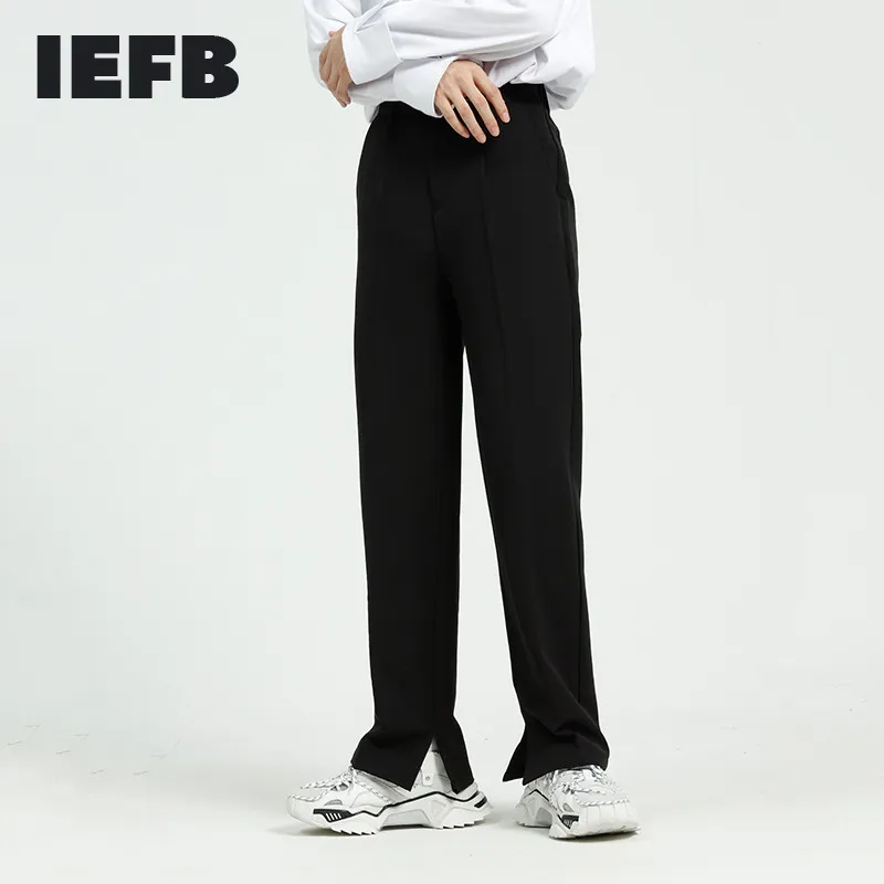 IEFB Men's Wear Split Bottoms Causal Pants Spring Straight Trousers Korean  Back Elastic Waist Suit Pants 9Y5961 210524