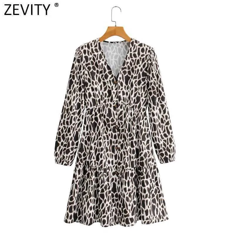 Zevity Donna Vintage Scollo a V Pelle di animale Stampa Pieghe Mini abito Femme Manica a sbuffo Petto Casual Chic Ruffle Vestido DS4677 210603