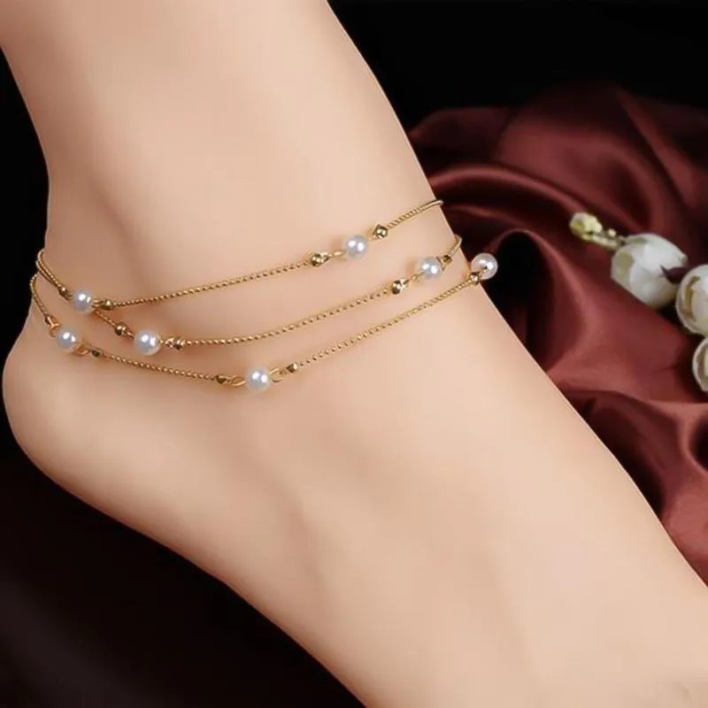 Vintage femmes fausses perles perlées Multi couches Bracelet de cheville cheville bijoux de plage accessoires pour femmes bracelets de cheville