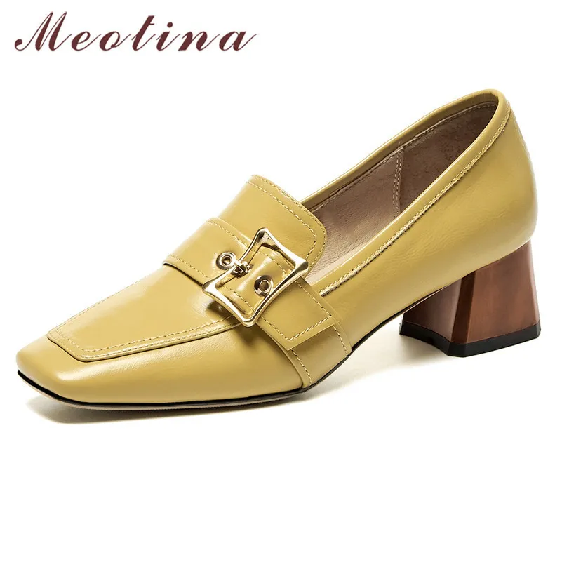 Meotina Pumps Women Mid Heel Real Leather Shoes Buckle Square Toe Fashion Shoes Female Block Heels Dress Footwear Spring 41 42 210520