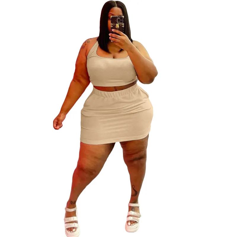 nieuwe vrouwen plus size jurk sets 4xl 5xl effen kleur t-shirt tank top + mini rok tweedelige set mouwloos vest tops + minirok zomerjurken past schip 5340