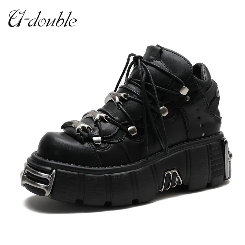 U-Double Brand Brand Punk Style Женская обувь на шнуровке высота пятки на шнуровке 6 см платформы женщина готические лодыжки сапоги металлический декор кроссовки 211105