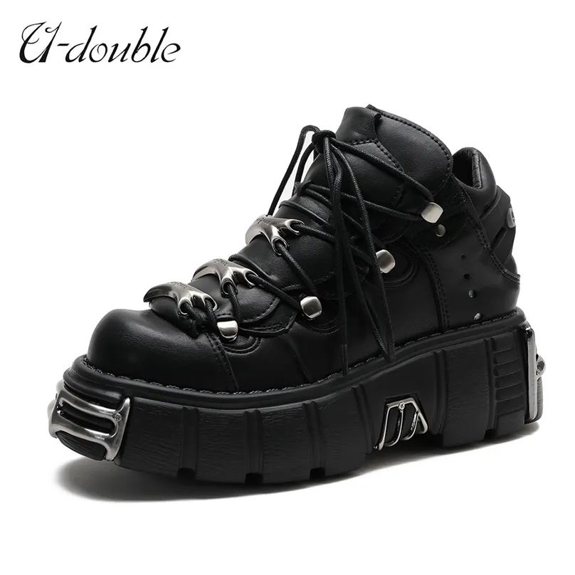 U-DOUBLE Marque Punk Style Femmes Chaussures À Lacets Talon Hauteur 6 cm Plate-Forme Femme Gothique Bottines En Métal Décor Baskets 211105