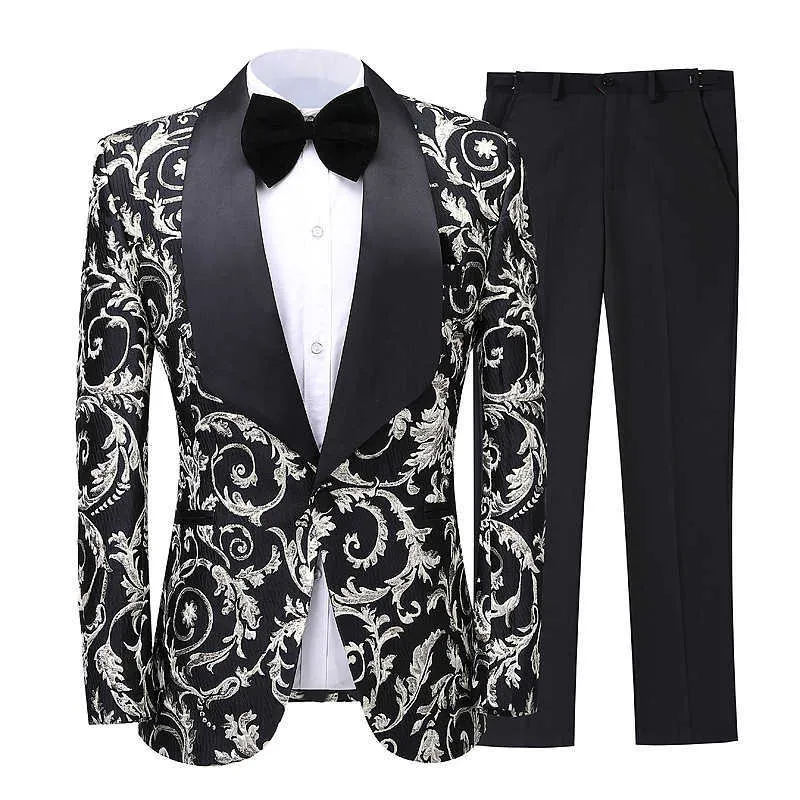 2020 männer Drucken Dünne Anzug Set Mode-Design 2 Stück Bräutigam Kleid Smoking Nach Maß Party Gestickte Hochzeit X0909