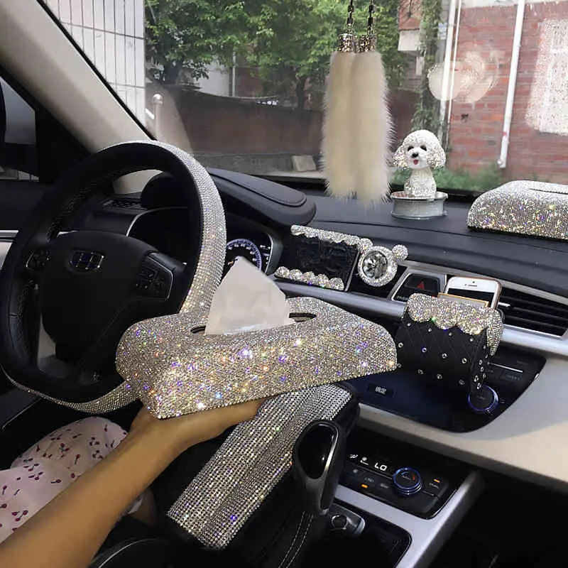 Creative Bling Crystal Diamond Ornaments Decoration Tissue Box Paper Holder Storage Rhinestone Car Interior Accessories