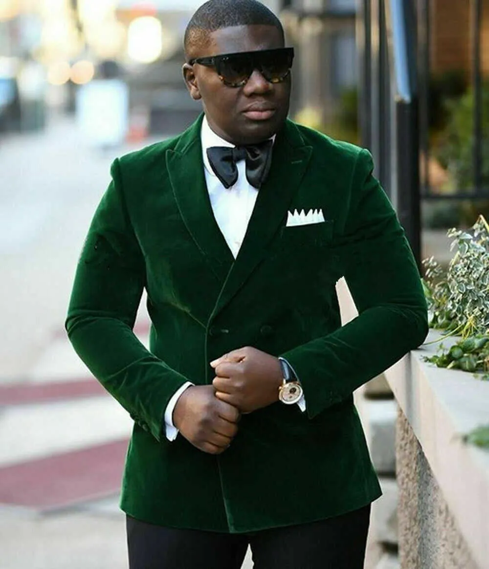 One Jacket Green Velvet Mens Suit Tailored Fit Wedding Groom Peaked Lapel Party Tuxedo Double Breasted Mens Blazer Peaked Lapel X0608