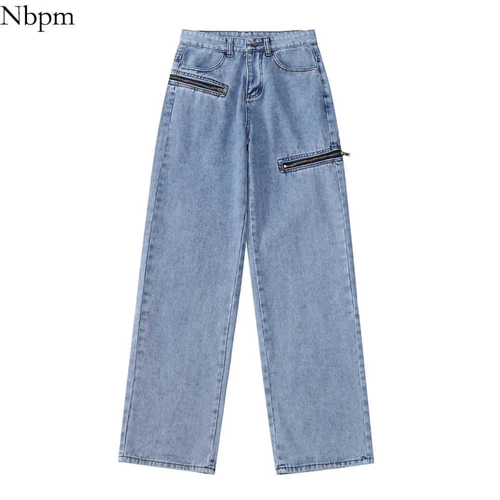 Nbpm mode asymmetriska fickor design jeans kvinna hög midja baggy bredben jeans streetwear girls byxor byxor 210529