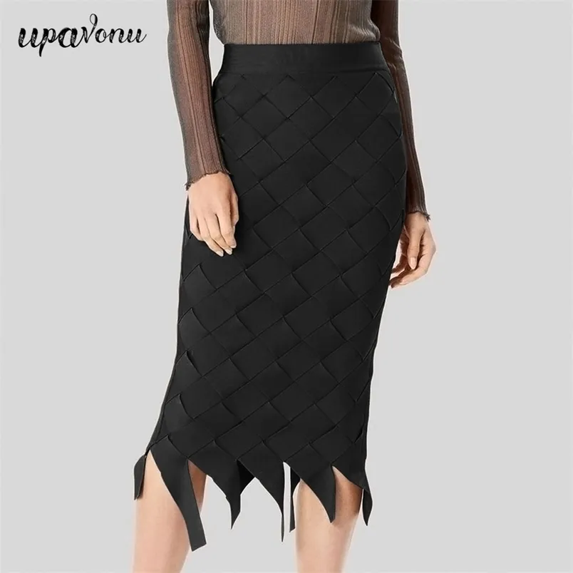 Gratis Vrouwen Elegante Bandage Rok Fashion Froned Slanke Effen Kleur Hoge Taille Geweven Potlood Club Party 210524