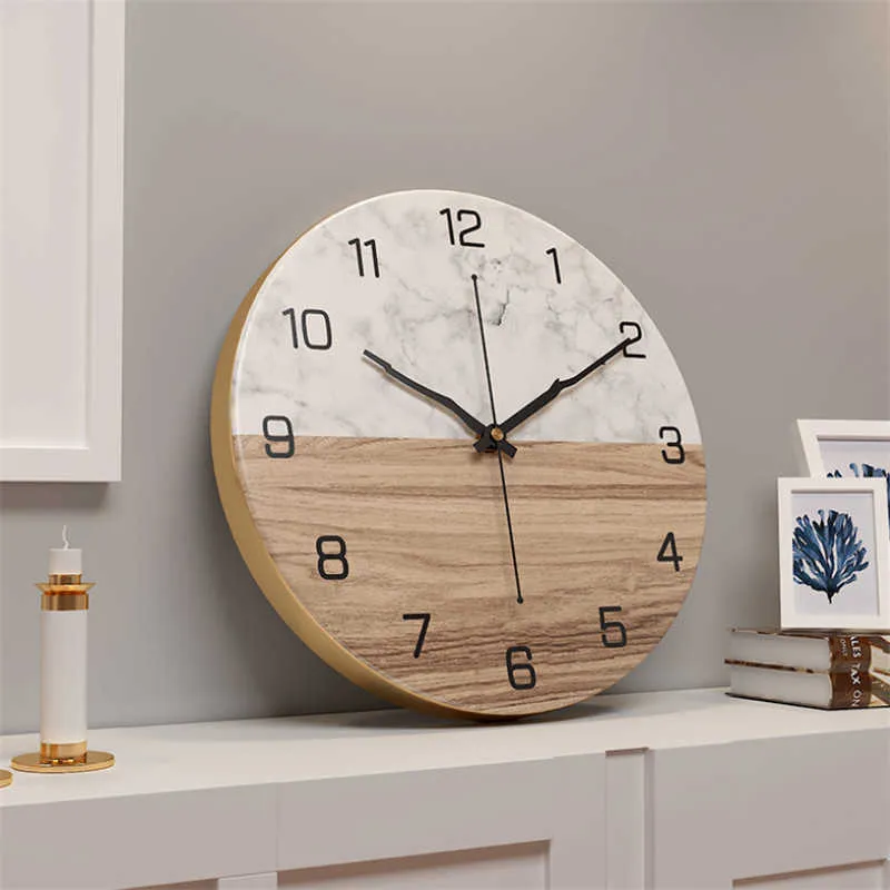 Marmur wzór Żelazny zegar ścienny Nordic Creative Salon Moda Zegar ścienny Home Decoration Sypialnia Retro Silent Quartz Clock 210930