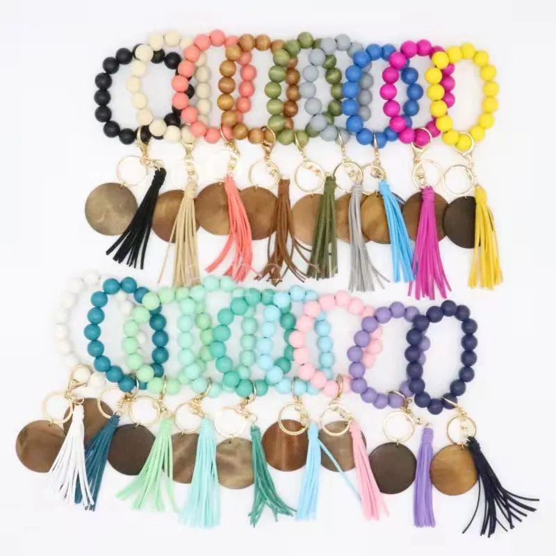 Cross-border beaded wooden bead keychain fashion personality disc tassel bracelet key ring female wholesale de154