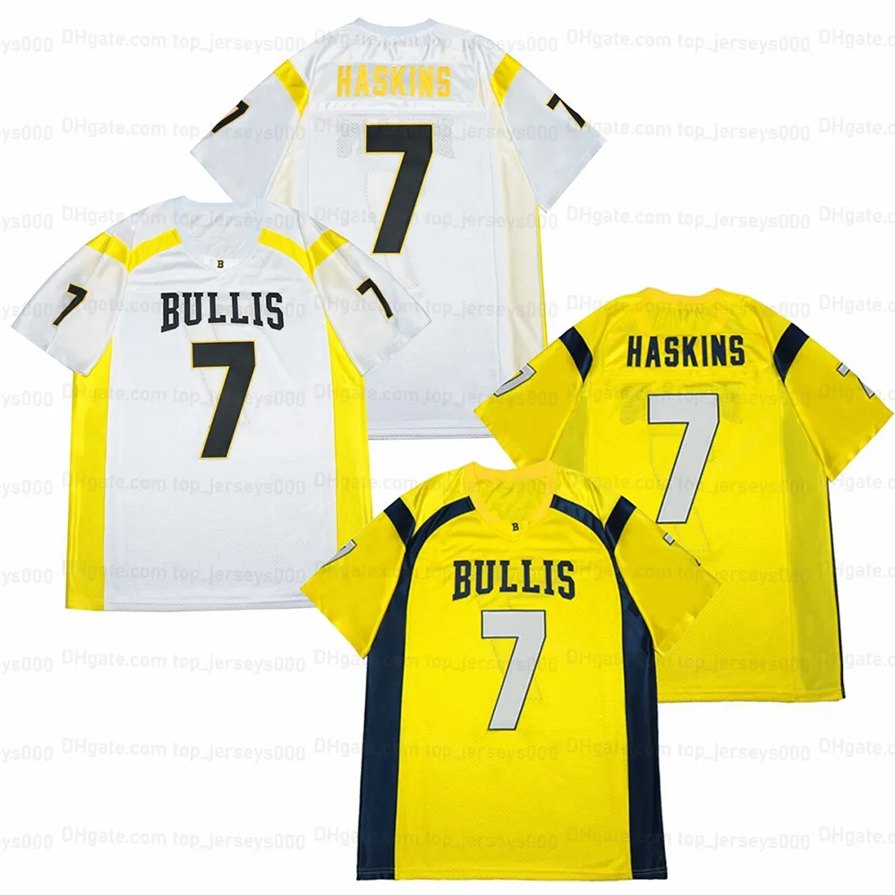 Aangepaste Dwayne Haskins 7# Bullis voetbalsjersey heren gestikte witte gele maat S-4XL topkwaliteit