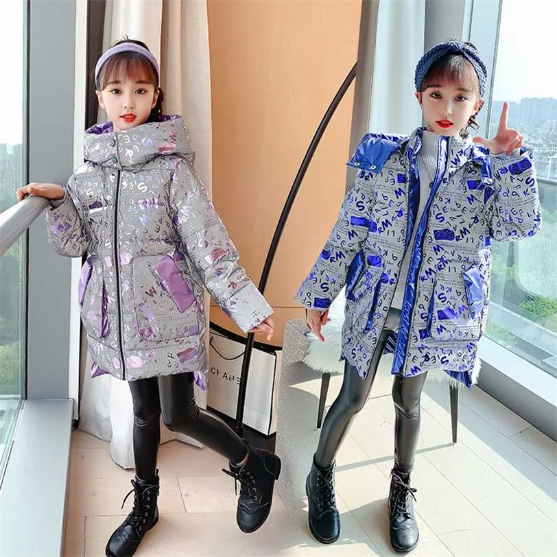 Fashion Brand Shiny Girls Light-Reflecting Jacket Winter Hoodies Letter Print Children's Clothing High Quality Outerwear 4-14Yrs 211222