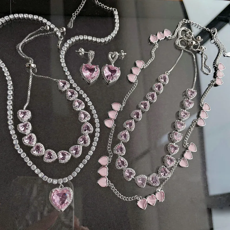 Pembe Zirkon Bilezik, Küpe Kolye Set Süper Bling Lüks Düğün Takılar Büyük Kristal Taşlar 18 K Platin Kapak Pirinç