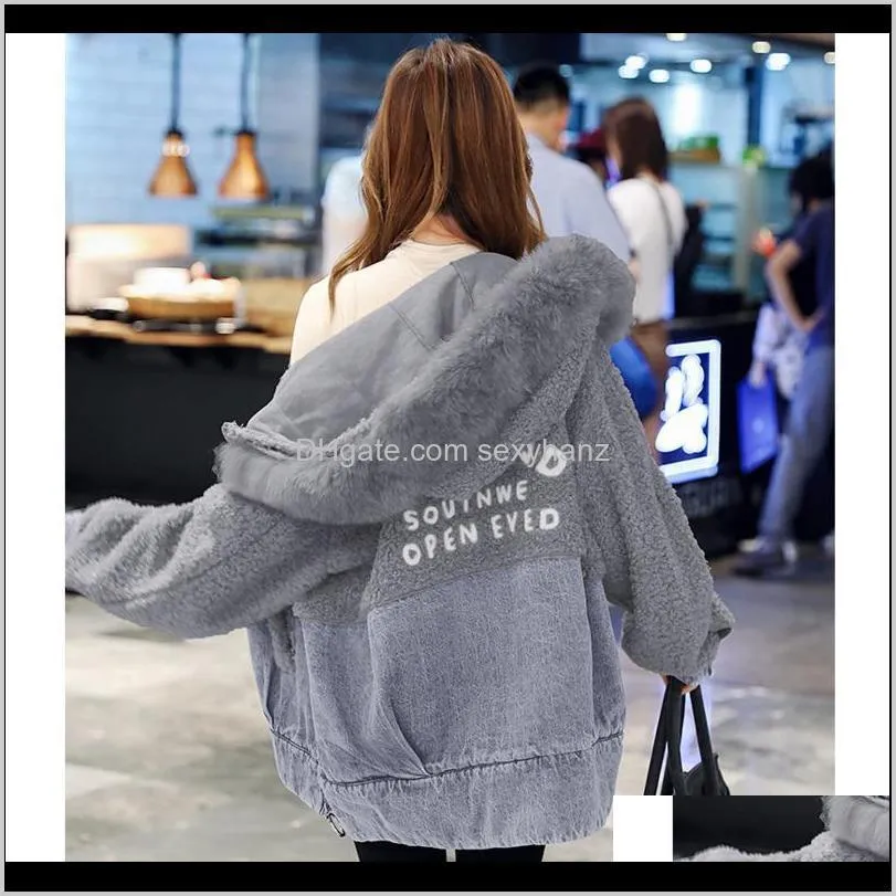 autumn winter jacket women denim jacket lamb patchwork jeans coat large collar faux fur cotton padded slim parka women1