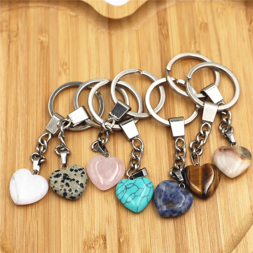 Heart shape Natural Stone key rings Keychains Silver Color Healing Amethyst Pink Crystal Car Decor Keyholder for Women Men Jewelry