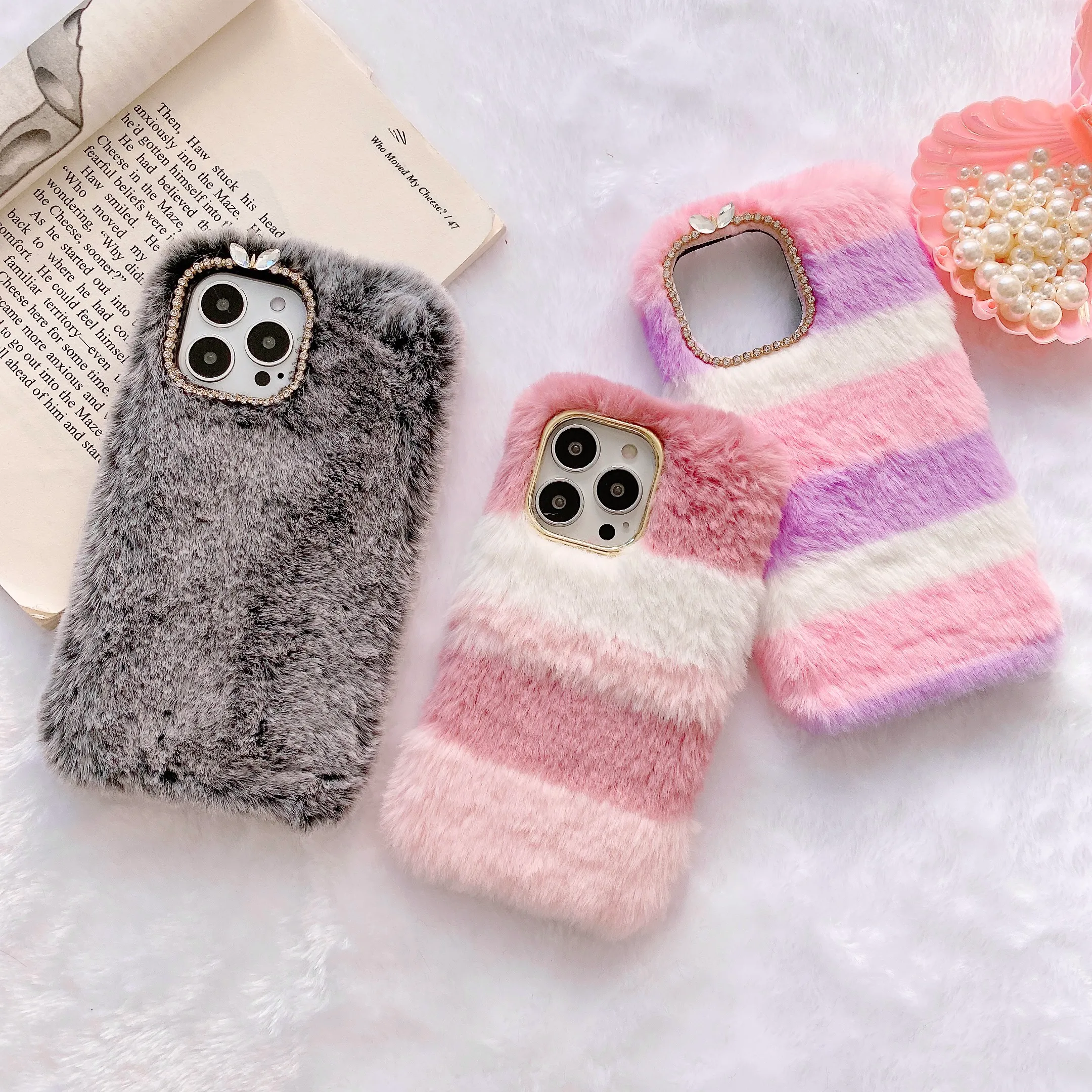 Cute Fluffy Rabbit Fur Phone Case for iPhone Warm Plush Cover, 360°  Protective, iPhone 14 13 12 11 Pro Max Mini, Plus, SE