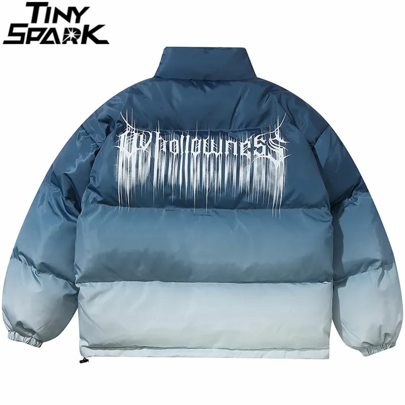 Hip Hop Büyük Boy Ceket Parka Degrade Streetwear Erkek Harajuku Pamuk Kış Yastıklı Ceket Sıcak Dış Giyim Mavi 210910