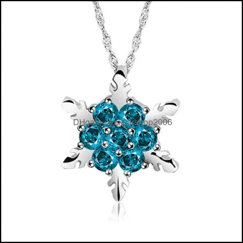 Blue Crystal Snowflake Pendant Necklaces Zircon Classic Flower Sweater Necklace for Women Statement Jewelry Wholesale Christmas Gift