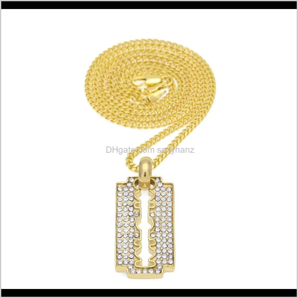 men women razor blade necklace & pendant charm bling rhinestone gold plated stainless steel metal necklace trendy jewelry