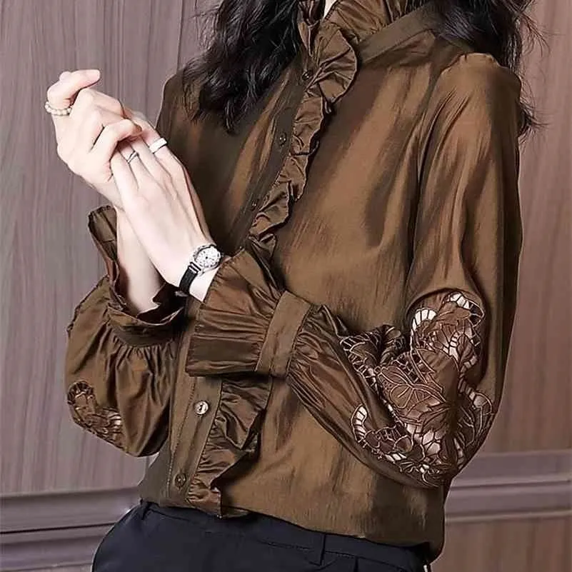 LDYRWQY lente en herfst design Hong Kong stijl houten oor rand met een basis van lange mouwen chiffon shirt 210416