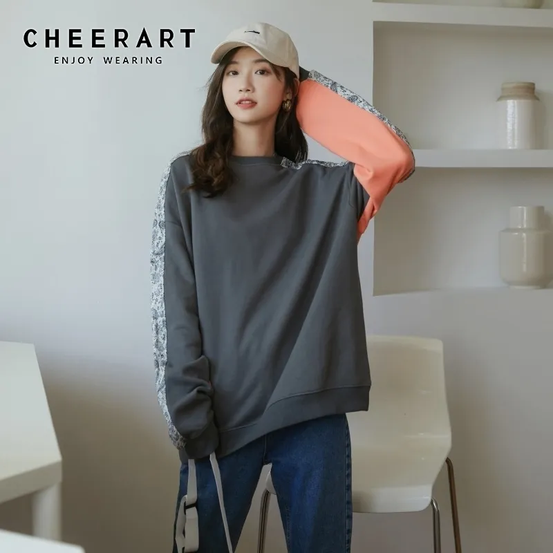 Contrast Color Crewneck Sweatshirt Women Fall Patchwork Paisley Print Grey Orange Hoodie Reversible Clothing 210427