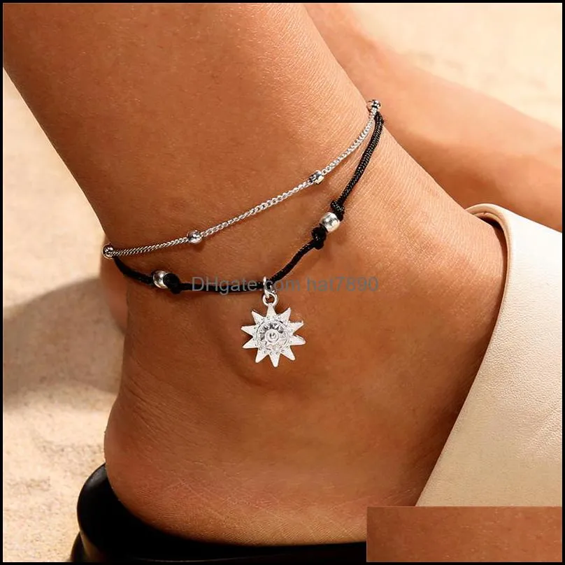 Fashion Bohemia Sun Pendant Beads Anklet Bracelet for Women Double Layer Rope Anklet in the Summer Barefoot Anklet Beach Jewelry Gifts