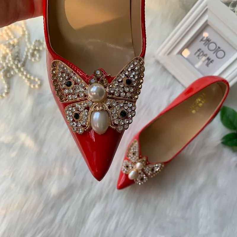 Fashion Women Shoes Sexy Lady Nude Red Patent Leather bee Crystal Strass Point Toe Bride Wedding Shoe High Heels 12cm 10cm 8cm Party