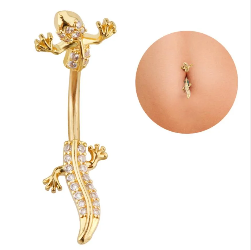 1pcs Big Gecko Lizard Belly Button Ring Fashion Women Body Bell Bar Piercing Navel Jewellry Kirurgisk Stål Bar Nickelfri